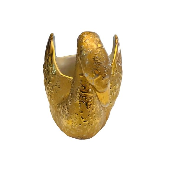 Gold Swan Planter Spring MCM 22 K Textured Ceramic 8" Vase Candy Dish Regency - Picture 6 of 12